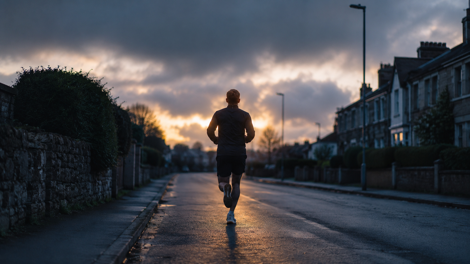 A runner from behind on a quiet residential street