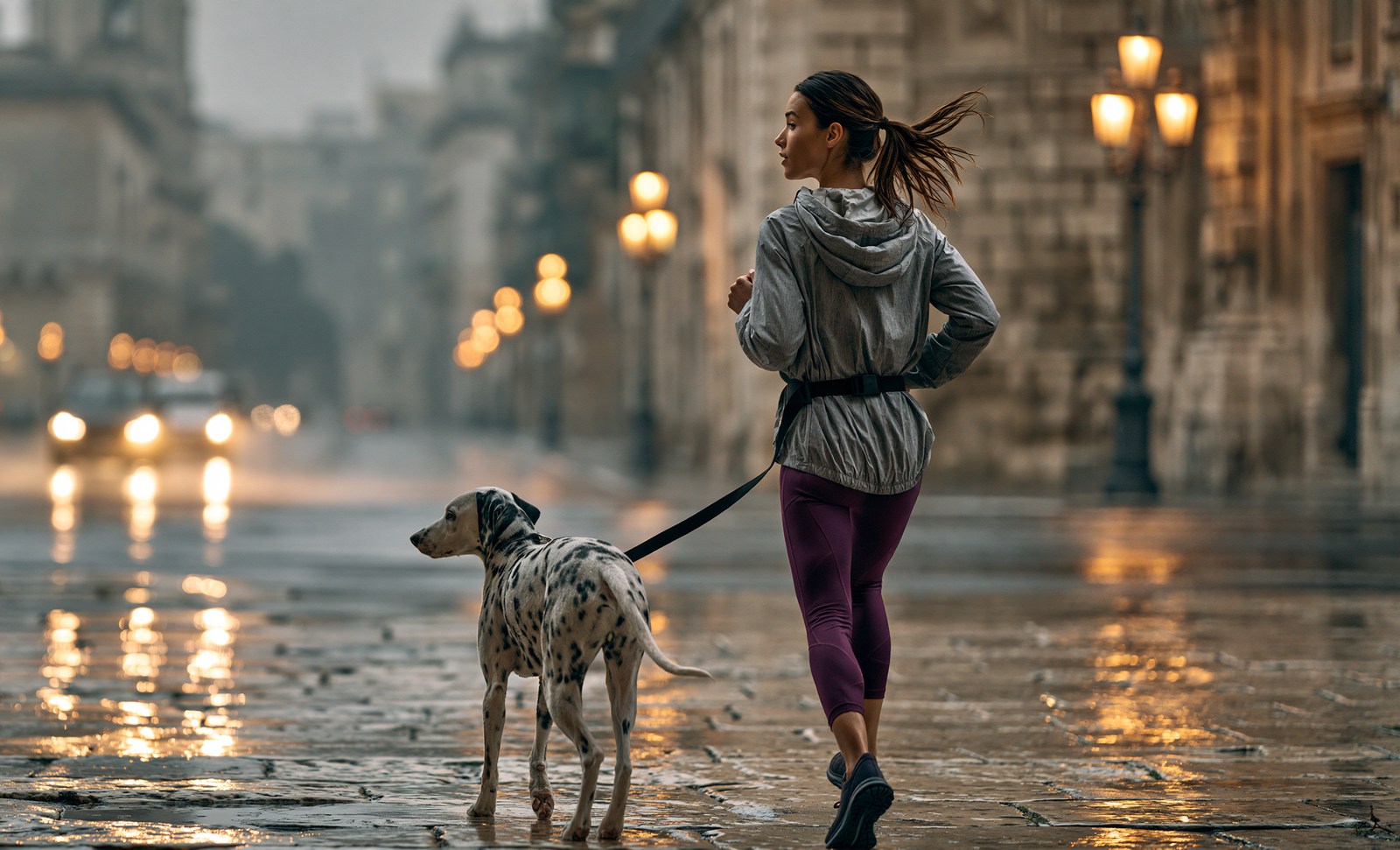 A woman running from behind with her dog on a road