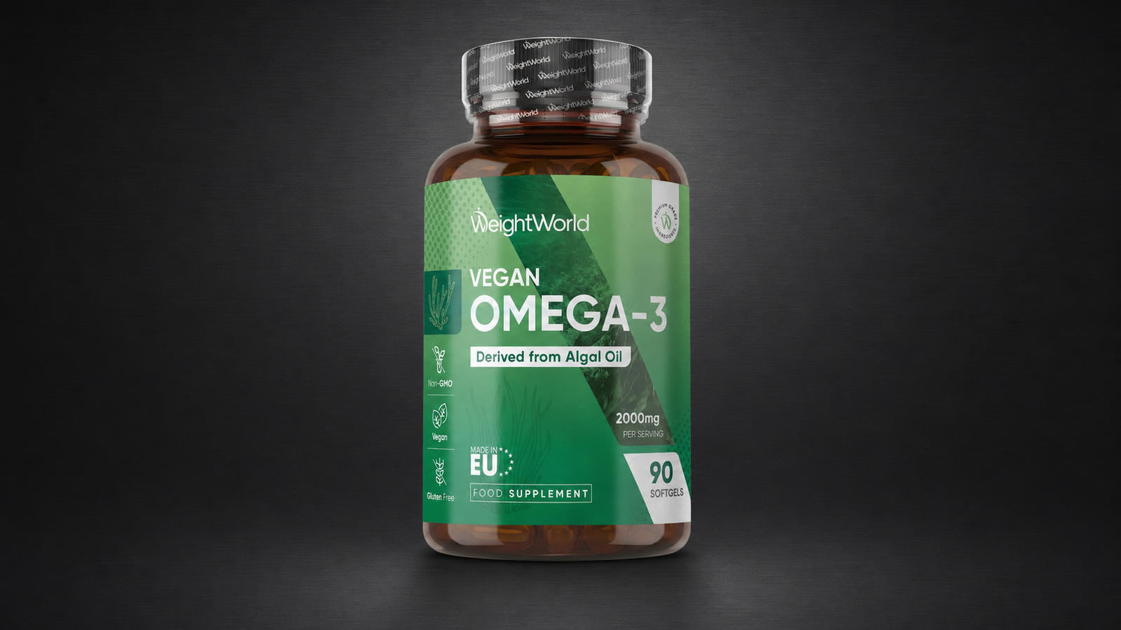Bottle of vegan algae omega-3 capsules