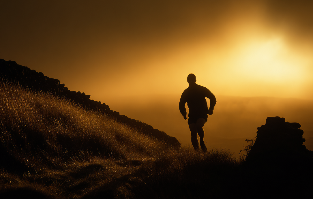 Silhouette of a runner power hiking uphill