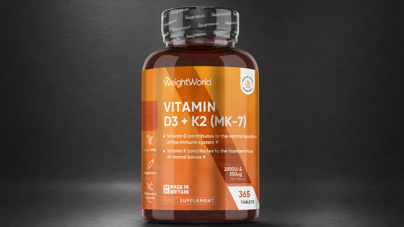 Bottle of vitamin D3 and K2 drops or capsules