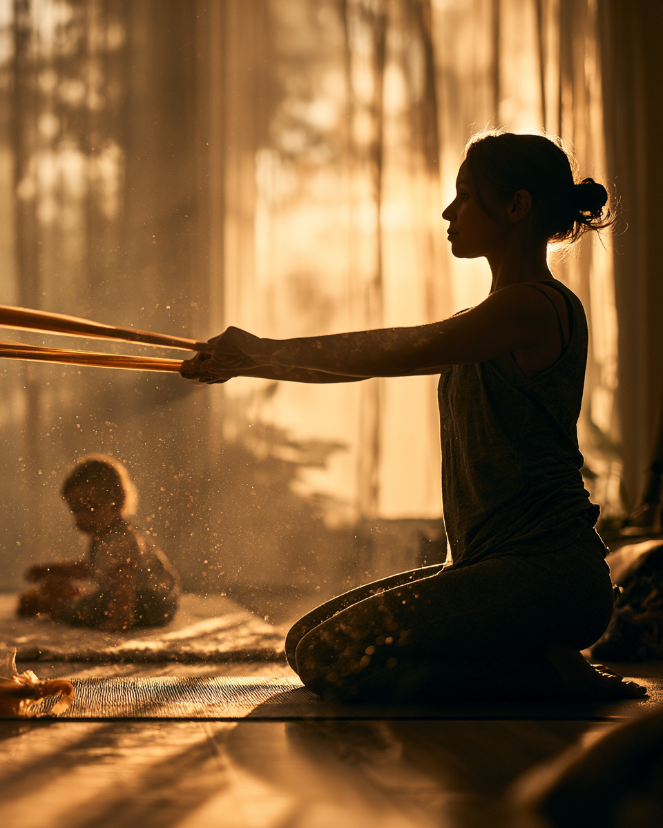 A woman training gently with a resistance band on a mat at home
