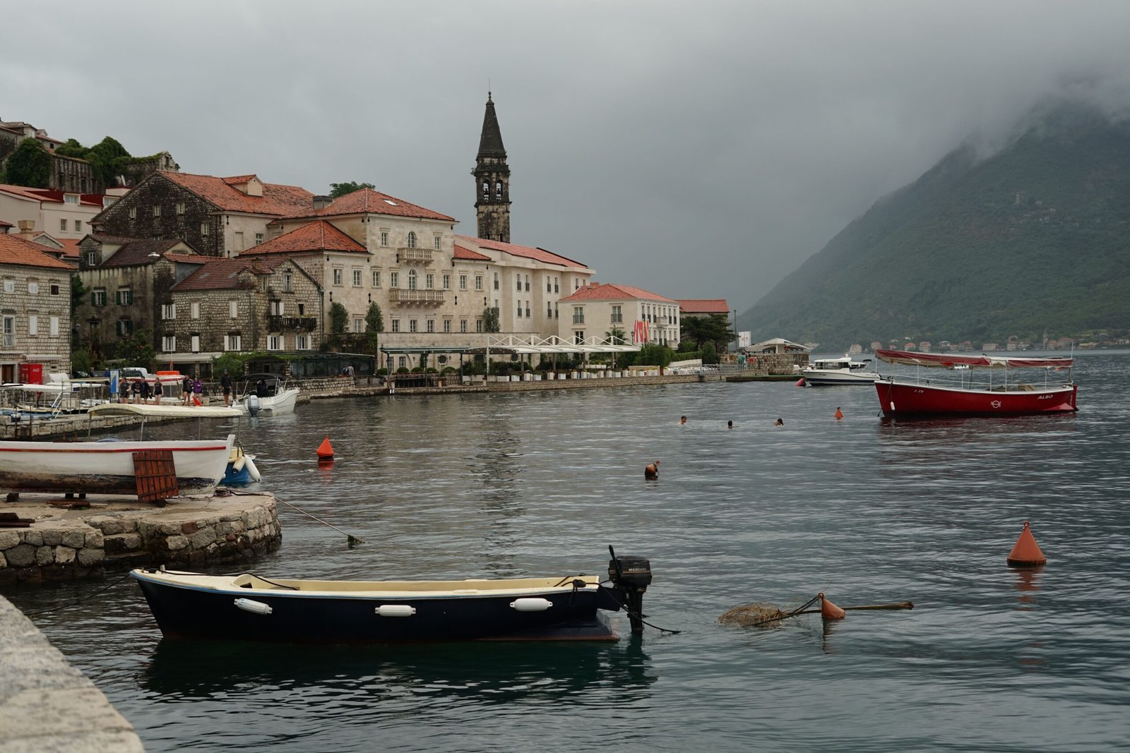 The Bay of Kotor with mountains rising directly from the water, Montenegro