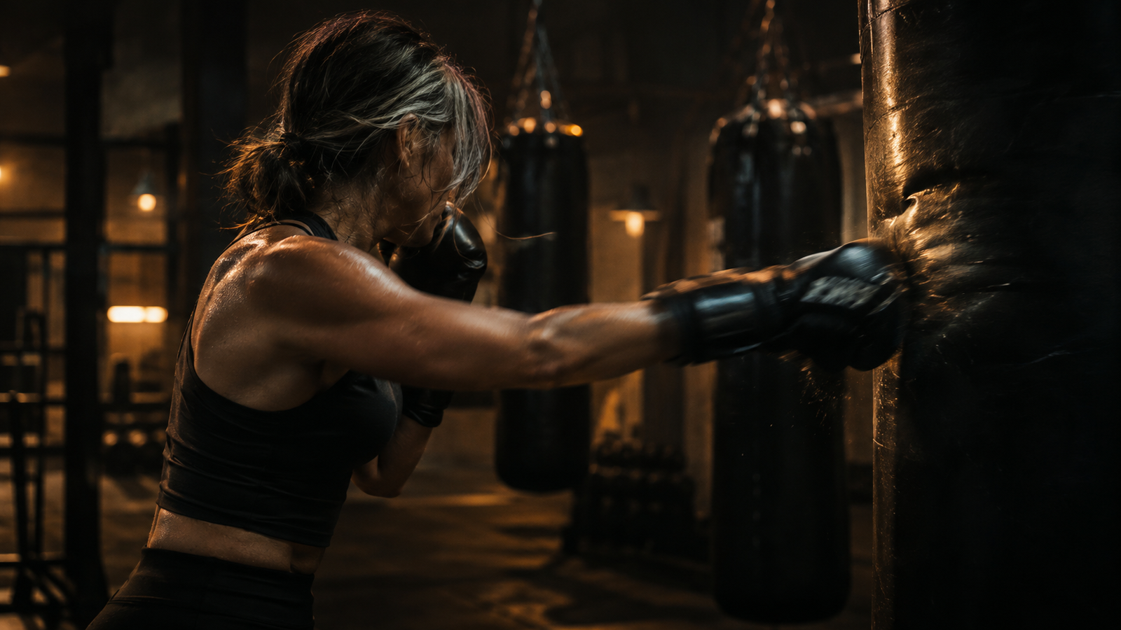 A woman in her forties throwing a punch into a heavy boxing bag